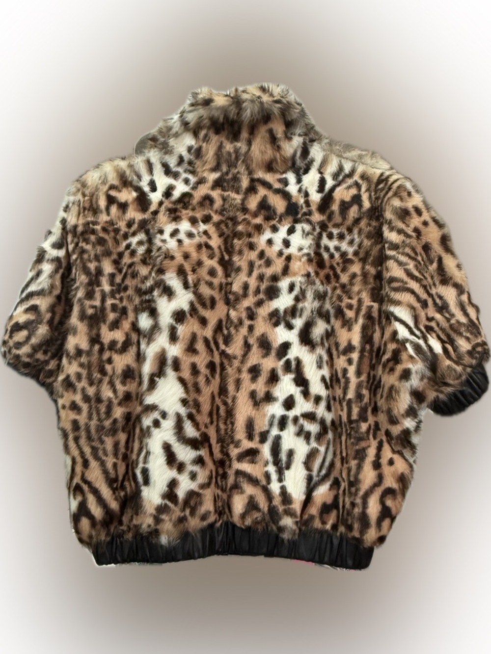 Leopard Print  Fur Bomber Jacket, made with kid goat fur, short sleeve sz large - Picture 2 of 5